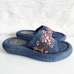 Christian Louboutin Denim Floral Print Slides Puffy Y2K Crystal Chunky Platform